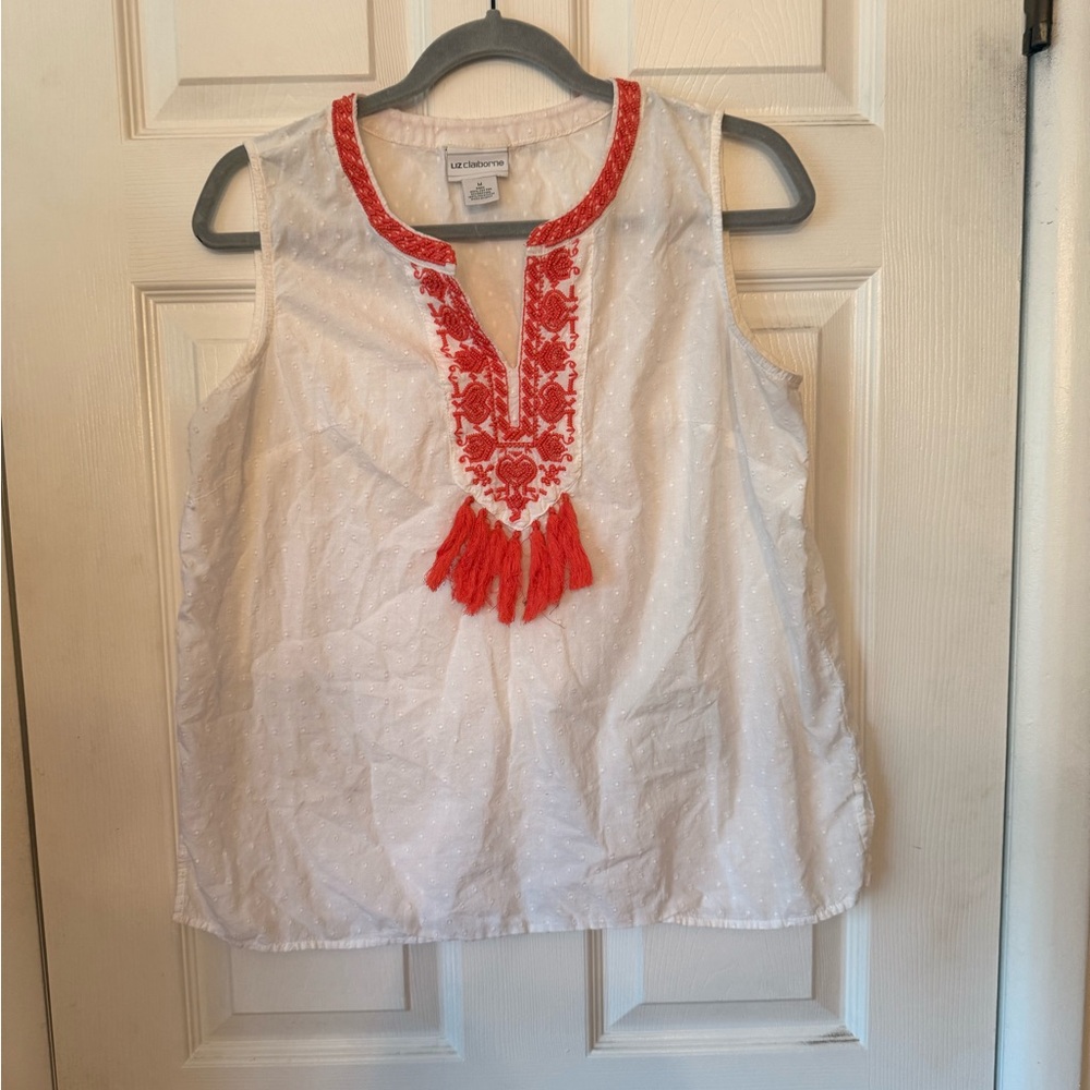 Liz Claiborne White and Red Embroidered Blouse